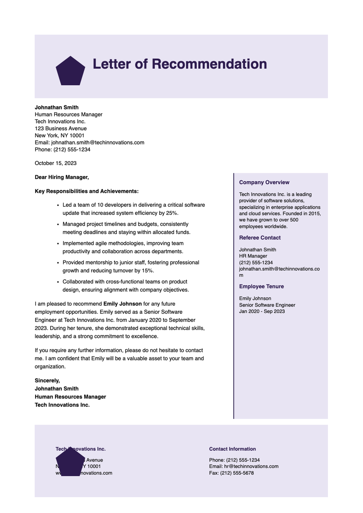 Professional letter of recommendation template with purple accents_variant_2